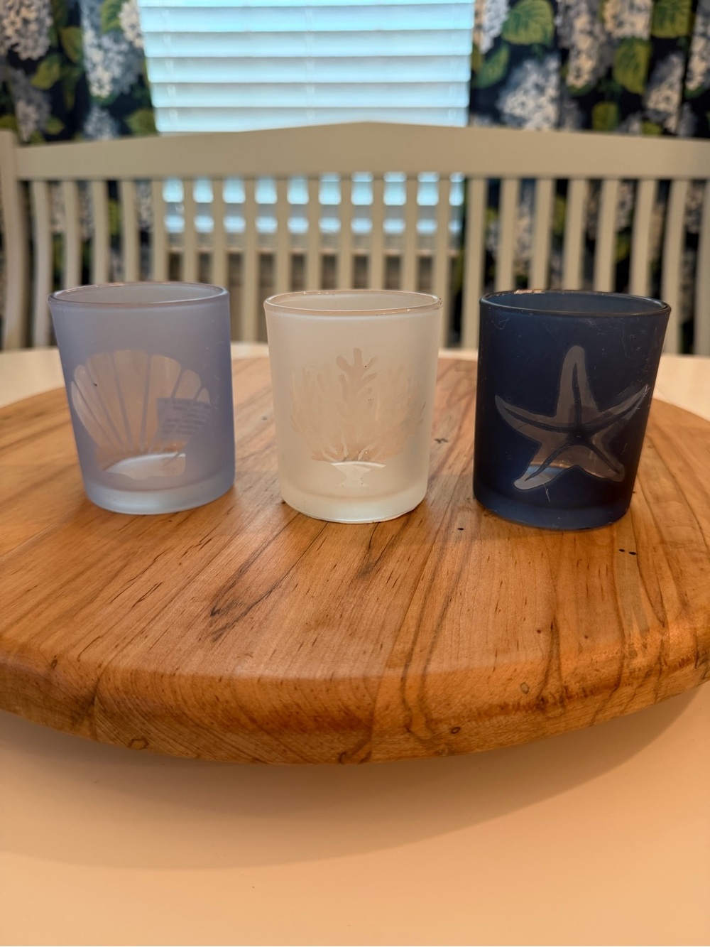 Set of 3 Frosted Glass Candle Holders with Sea Life / shell, coral, starfish